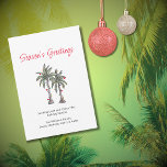 Illustration av tropisk juljakt i Träd vid Beach H Julkort<br><div class="desc">Tropiskt julhälsningskort för Beach,  med illustration och manustypografi av handflatan träd. Med anpassadet text lägger du till egen information. Ett festligt sätt skickar önskemål till vänner och familj från tropikarna.</div>