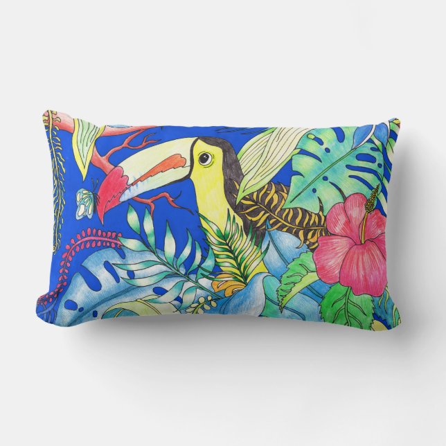 Illustration av tropisk Toucan & Jungle Foliage Lumbarkudde (Framsida)