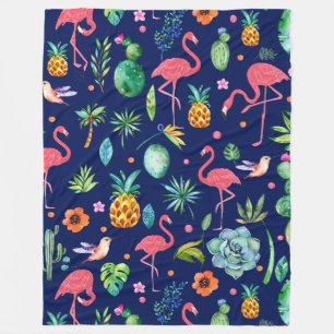 Illustration av tropiska blommor och Rosa Flamingo Fleecefilt