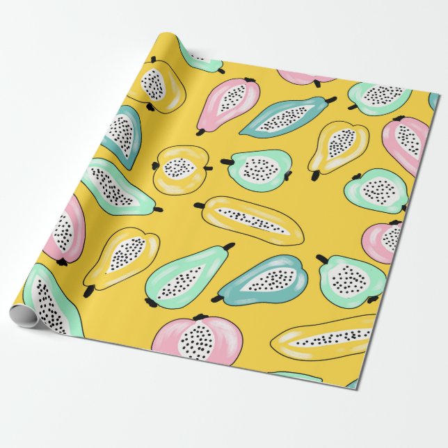 Illustration av tropiska frukter i mönster presentpapper (Utrullad)