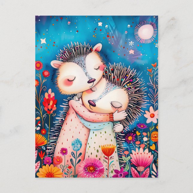 Illustration av två Huggande Hedgehogs på natten p Vykort (Framsida)