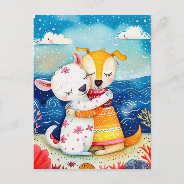 Illustration av två hundar som leker på stranden vykort (Framsida)