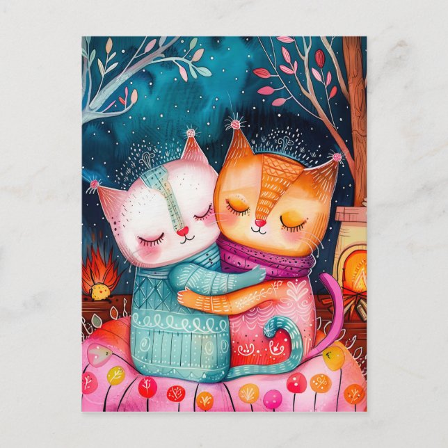 Illustration av två katter som kramar i en mysigt  vykort (Framsida)