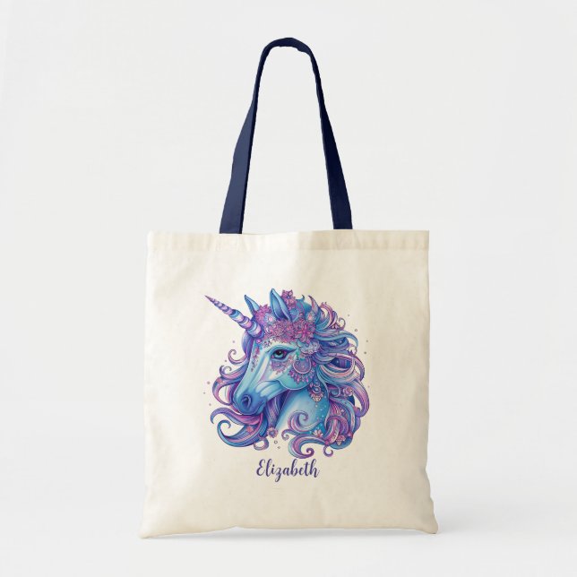 Illustration av Unicorn Blue Lilac-Rosa Tygkasse (Framsidan)