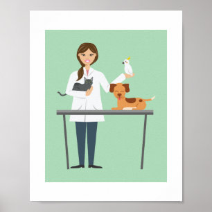 Illustration av veterinärkvinna med djur poster