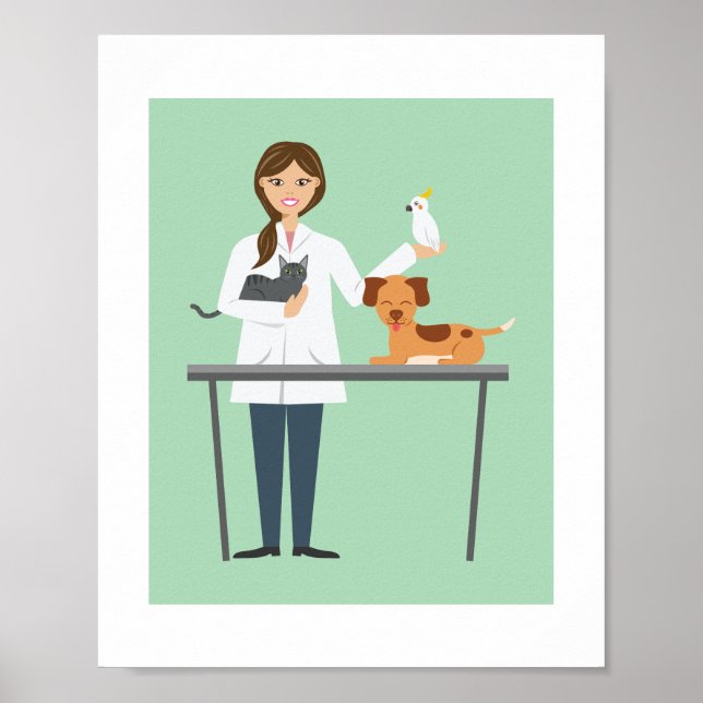 Illustration av veterinärkvinna med djur poster (Framsidan)