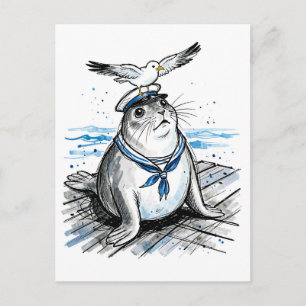 Illustration av vikare med mås i marint bläck vykort