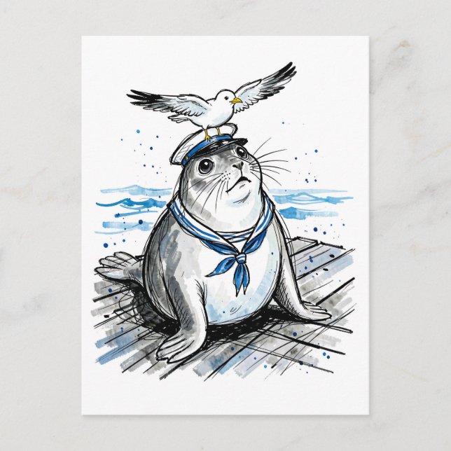 Illustration av vikare med mås i marint bläck vykort (Framsida)