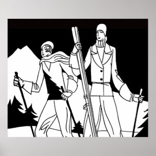 Illustration av vintage Art Deco Ski par Skiers Poster