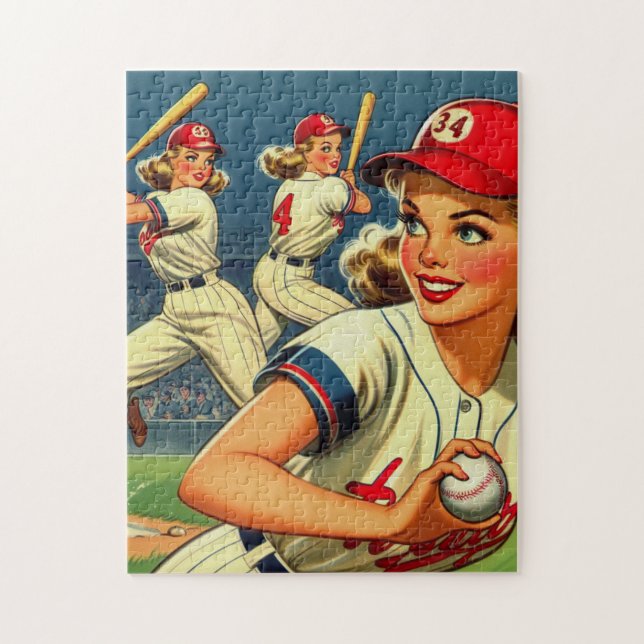 Illustration av vintage Baseball Girls Pussel (Vertikal)