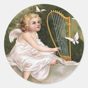 Illustration av Vintagen Angel och Harp Runt Klistermärke