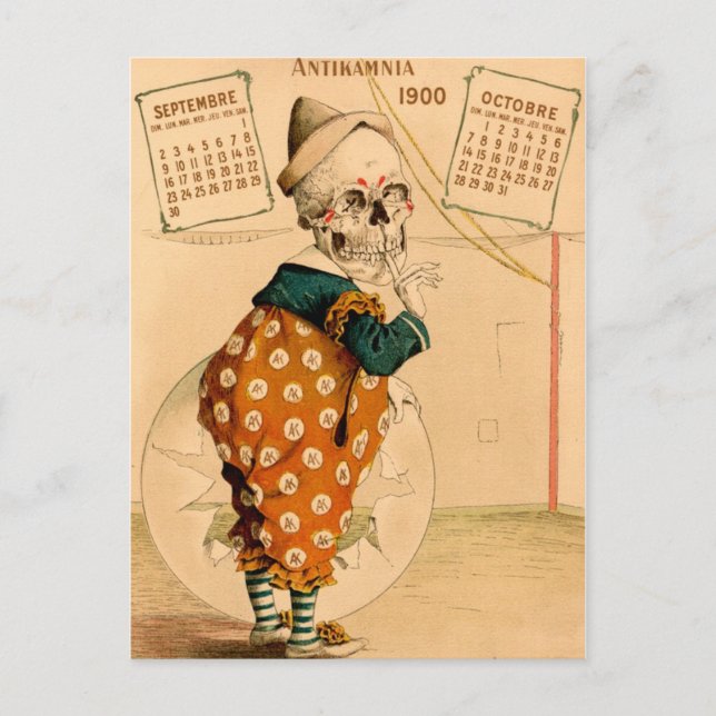 Illustration av Vintagen Clown Skeleton Vykort (Framsida)