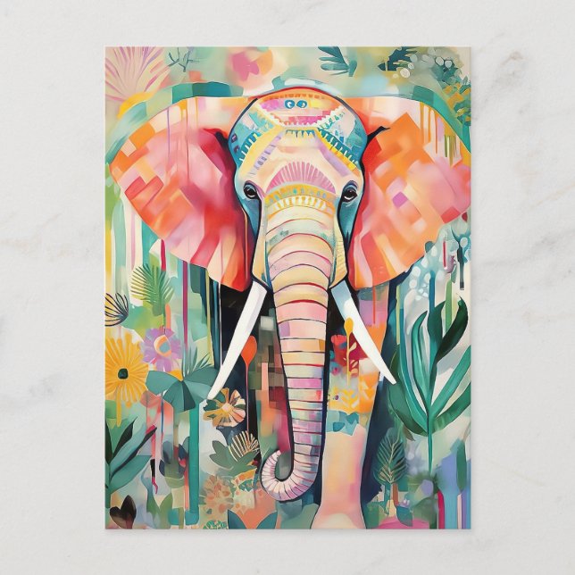 Illustration bunter Elefant mit Blumen pastel Vykort (Framsida)