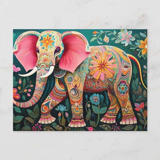 Illustration bunter Elefant mit Blumen Vykort (Framsida)