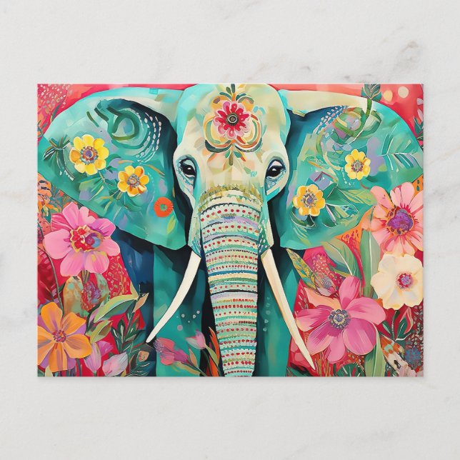 Illustration bunter Elefant mit Blumen Vykort (Framsida)
