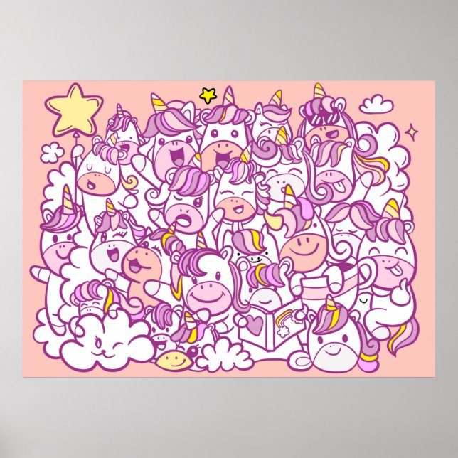 Illustration, Cute Unicorn och pony Collection wit Poster (Framsidan)