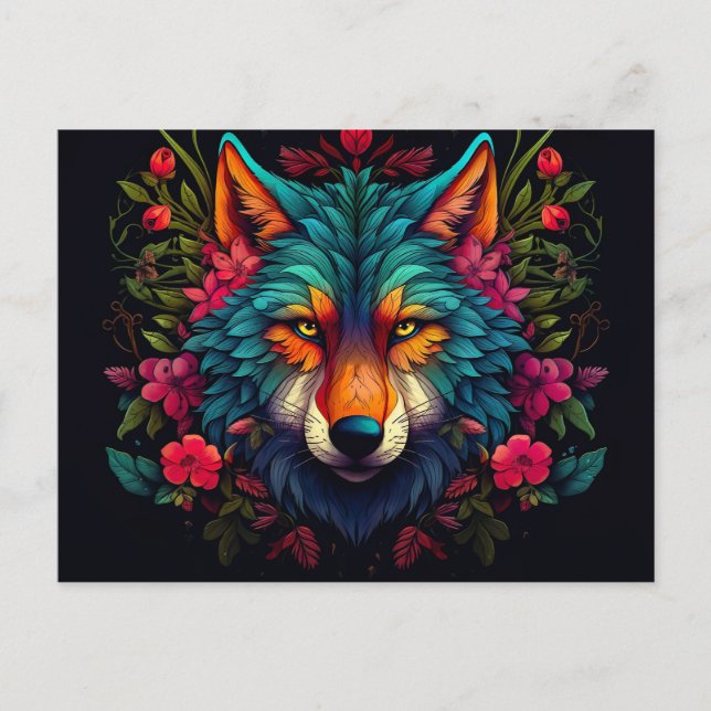 Illustration eines mystischen Wolfes mit Blumen Vykort (Framsida)