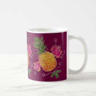 Illustration för tre ananas med muggen för vit kaffemugg