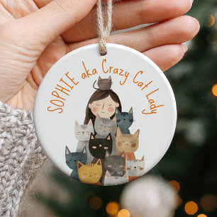Illustration från Dam i Crazy Cat med Namn Quirky& Julgransprydnad Keramik