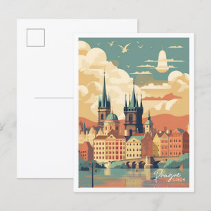 Illustration från Prag Czech Art Vintage resor Vykort