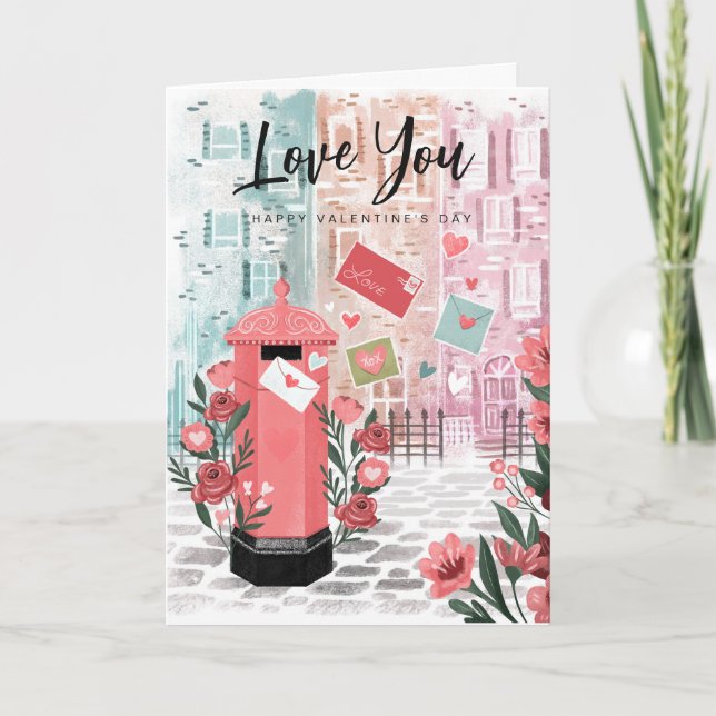 Illustration London City Street Mailbox Valentine Helgkort (Framsida)