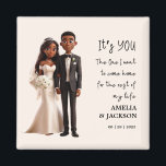 Illustration med kärlek-citat magnet<br><div class="desc">Bride och Groom Illustration med kärlek citerar Bröllopsfavoriter Öka bröllop med vår "Bride and Groom Illustration Wedding Favors with kärlek citattecken Magnet". Kärlek citerar: "Det är du som jag vill kom hem för resten av mitt liv"... Anpassa dessa charmerande magneter med namn och datum, med en illustration som fångar din...</div>