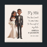 Illustration med kärlek-citat magnet<br><div class="desc">Bride och Groom Illustration med kärlek citerar Bröllopsfavoriter Öka bröllop med vår "Bride and Groom Illustration Wedding Favors with kärlek citattecken Magnet". Kärlek citerar: "Det är du som jag vill kom hem för resten av mitt liv"... Anpassa dessa charmerande magneter med namn och datum, med en illustration som fångar din...</div>