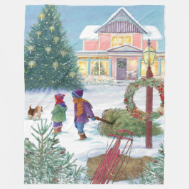 Illustration med Kids och Snö Cover House Fleecefilt