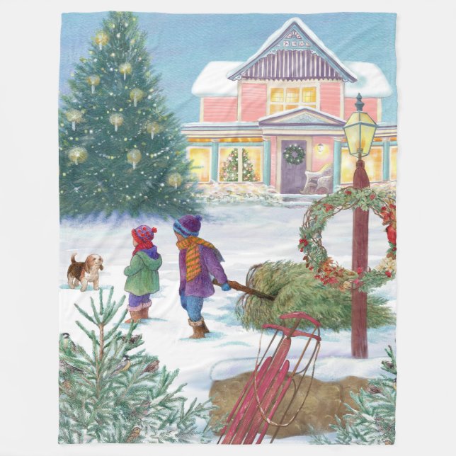Illustration med Kids och Snö Cover House Fleecefilt (Framsidan)