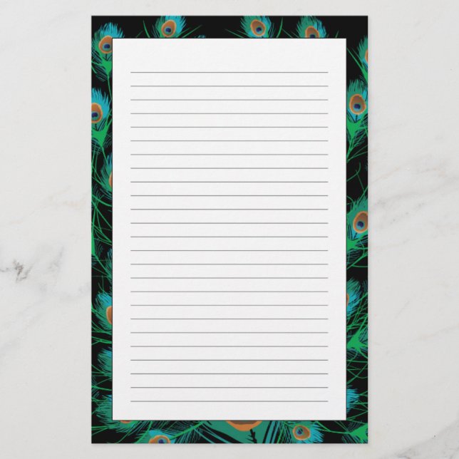 Illustration med påfågelfjädrar på svart brevpapper (Framsida)