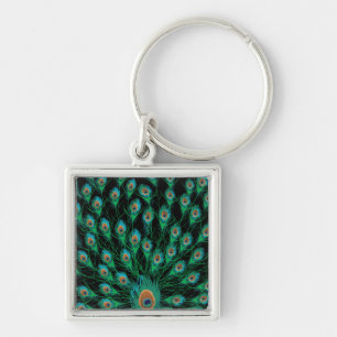 Illustration med peacock Feathers på svart Fyrkantig Silverfärgad Nyckelring
