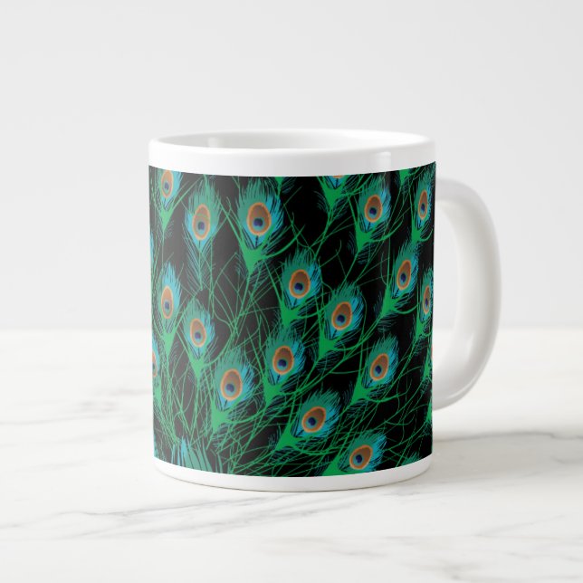 Illustration med peacock Feathers på svart Jumbo Mugg (Framsida höger)