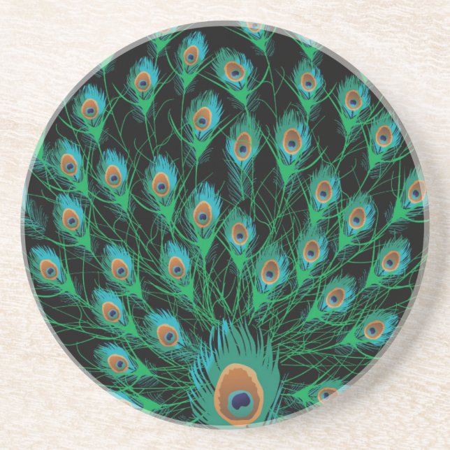 Illustration med peacock Feathers på svart Underlägg Sandsten (Framsidan)