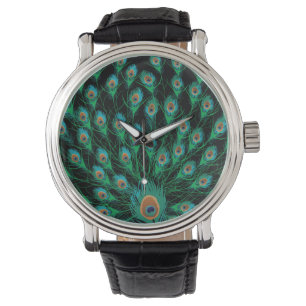 Illustration med peacock-fjädrar på svart armbandsur