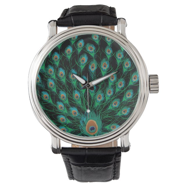 Illustration med peacock-fjädrar på svart armbandsur (Framsida)