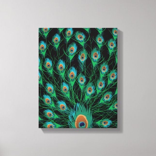 Illustration med peacock-fjädrar på svart canvastryck (Framsida)