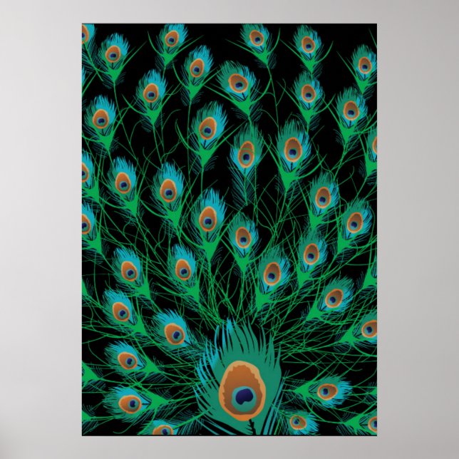 Illustration med peacock-fjädrar på svart poster (Framsidan)