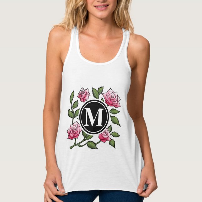 Illustration och Monogram för Blommigt i ro Linne Med Racerback (Framsida)