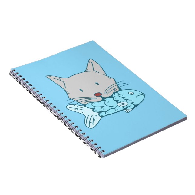 Illustration of a cat eating fish.  anteckningsbok (Högra Sidan)