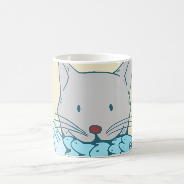 Illustration of a cat eating fish.  kaffemugg (Center)