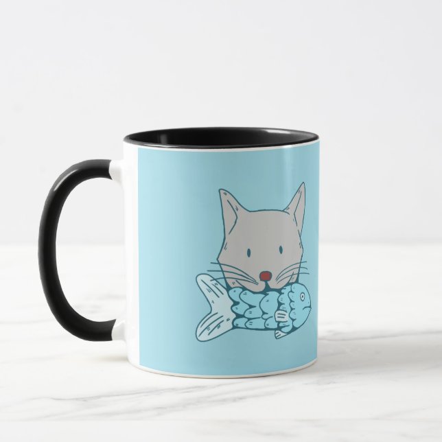 Illustration of a cat eating fish.  mugg (Vänster)