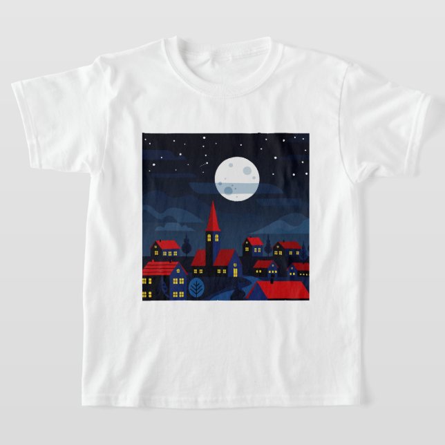 Illustration of a peaceful night town t shirt (Laydown)