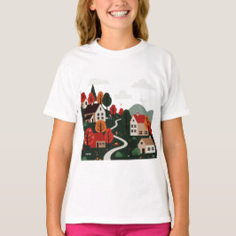 Illustration of a village in autumn t shirt