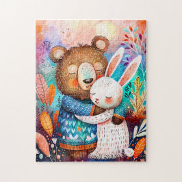 Illustration of bear hugging rabbit in forest. pussel