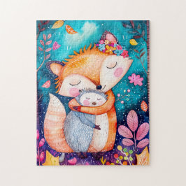 Illustration of fox hugging hedgehog in forest. pussel