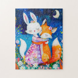 Illustration of fox hugging rabbit in the night pussel