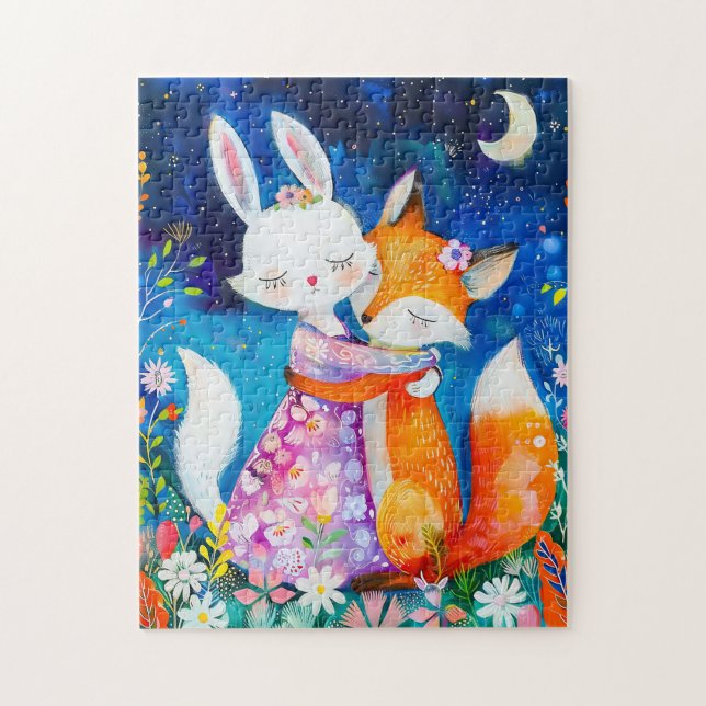 Illustration of fox hugging rabbit in the night pussel (Vertikal)
