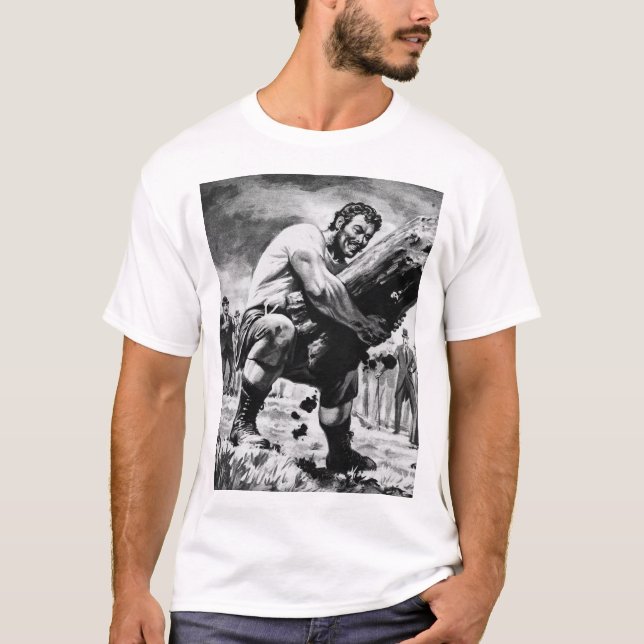 Illustration of Oldtime Strongman Lyftande en logg T-shirt (Framsida)