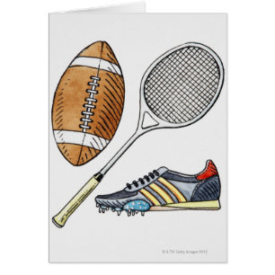Illustration of rugby boll, tennis racquet hälsningskort