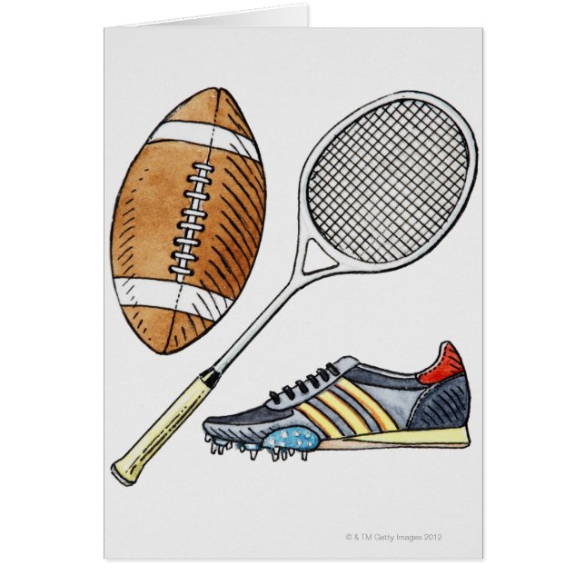 Illustration of rugby boll, tennis racquet hälsningskort (Framsidan)